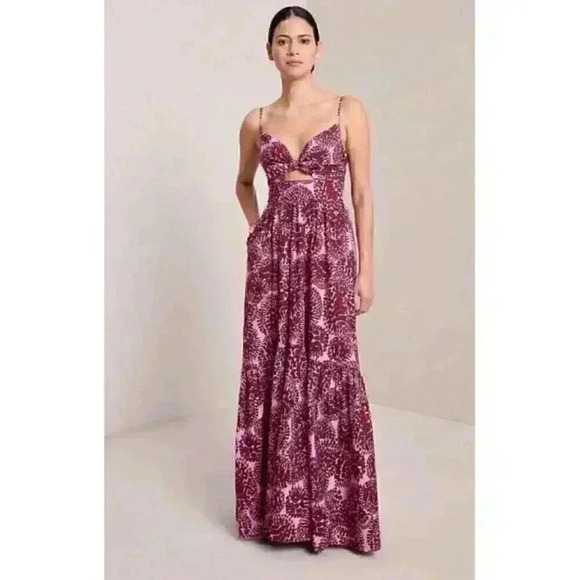 NWT A.L.C. Laura Keyhole Printed Smocked Back Maxi dark red pink Dress Size 0 - Picture 2 of 15